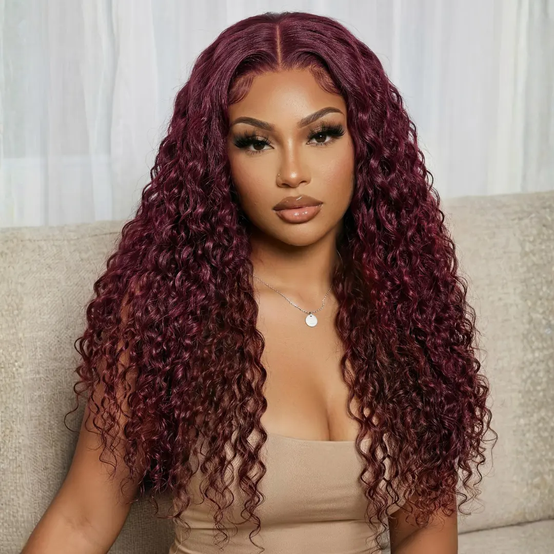 【Clearance】UNice 99J Burgundy Water Wave Wig 13x4 Lace Front  Human Hair Wig with Drawstring Wine Red Summer Colored Wig with Wet Wavy Beach Curls No Slip Beginners Friendly