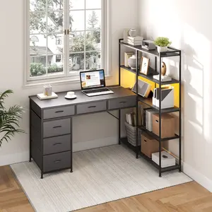 Spacious L-Shaped Wooden Gaming Computer Desk with 6 Drawers, 5-Tier Open Storage Shelves, LED Corner Workstation, Sturdy Table for Home Office or Study, Burnt Cloud Color