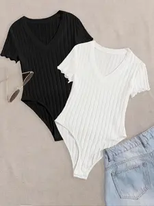 Women's Solid Basic Minimalist V Neck Bodysuit, Casual Short Sleeve Bodysuit for Summer, Ladies Clothes for Daily Wear Womenswear