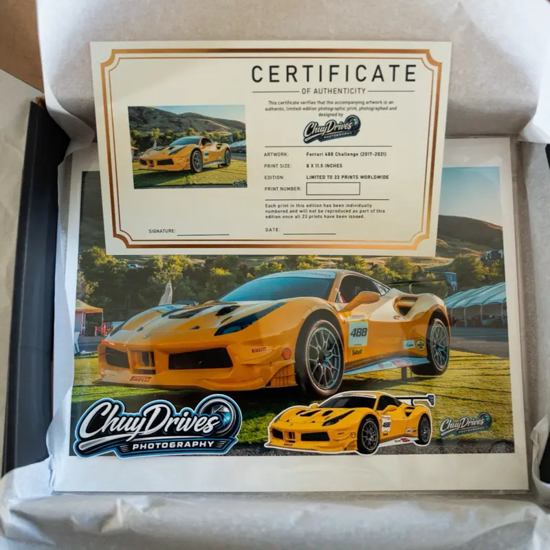 (Limited to Only 23 prints!) Collectors Box for Ferrari 488 Car Enthusiasts, Premium Collectible 8.5x11 high quality photo print for Automotive Memorabilia