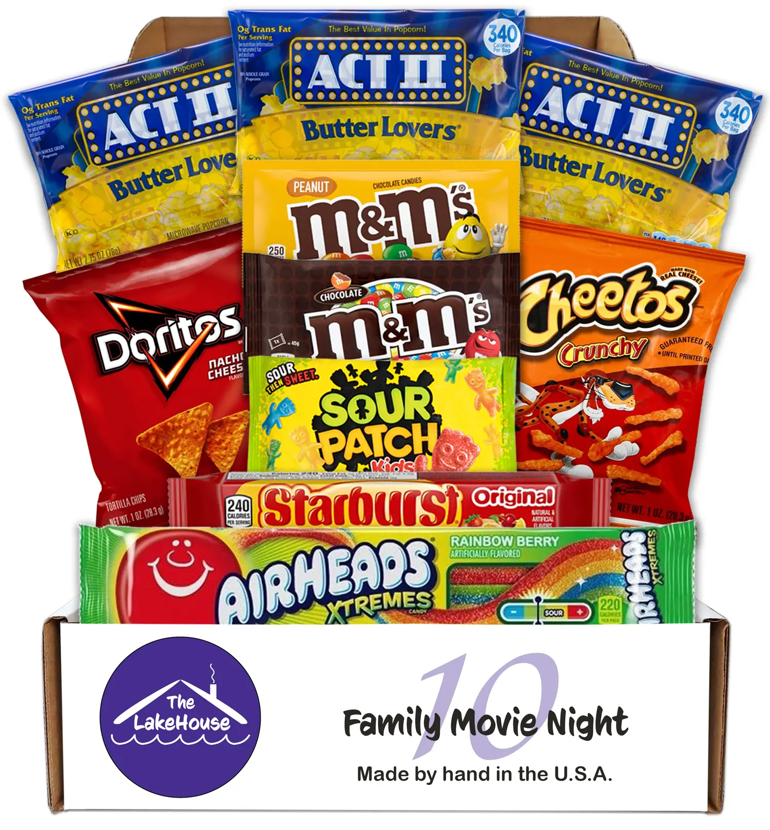 The LakeHouse Family Movie Night Care Package - 10 Count High Quality Snacks - Popcorn, Candy, & Salty Snacks - Perfect for Date Night & Binge Watching