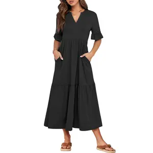 ANRABESS Women's Casual Summer Ruffle Short Sleeve T Shirts Maxi Dress 2025 Spring V Neck Flowy Tiered Boho Beach Dresses
