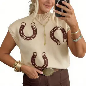 Asvivid Women's Horseshoes Ribbed Trim Mock Neck Short Sleeve Sweater Summer Tops Knitwear Casual Womenswear Western Outfits Graphic Style