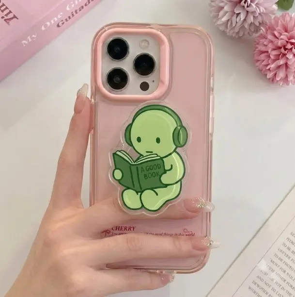 Cute Green Character with Headphones Phone Grip | Reading Book Aesthetic PopSocket | Book Lover Gift MagSafe Phone Holder | Pastel Green Phone Stand