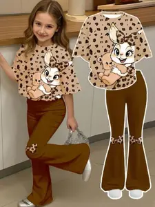 Girls' Leopard Print Two-Piece Set, Round Neck Half Sleeve T-Shirt & Flare Pants, Casual Summer/autumn, Fun Outfit