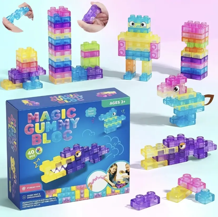 Soft Jelly-Like STEM Building Blocks Set, Multicolor Stretchable Stackable Cubes, Non-Toxic Tactile Sensory Toy, Squeezable Puzzle Blocks, Early Learning Bath Toy for Kids Ages 3+, Creative Construction Play Set