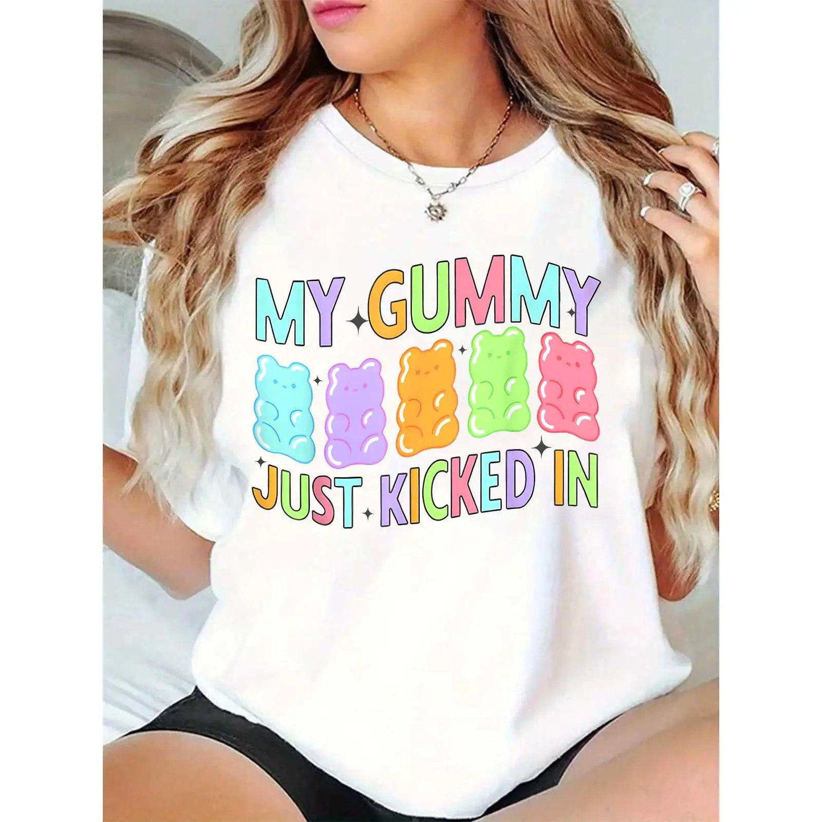 Women's 100% Cotton Short Sleeve Round Neck Loose-Fitting T-Shirt - "My Gummy Just Kicked In" Colorful Gummy Bear Graphic, Lightweight, Breathable Top for Party, Daily Casual (Ideal for Teens & Women)