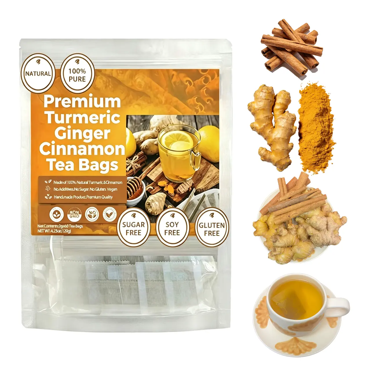 Turmeric Ginger Cinnamon Tea,100% Natural, Contains turmeric,ginger,Eco-conscious Tea Bags | Caffeine-Free, Sugar-Free, Vegan