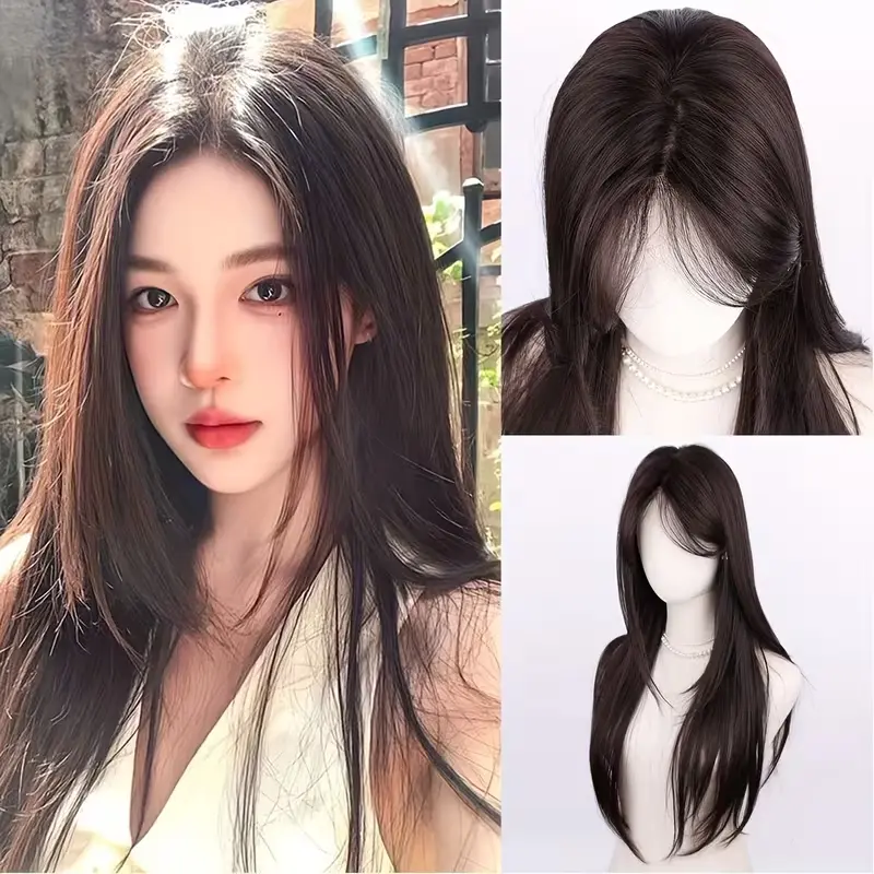 Women's Synthetic Full Machine Wig - 30-in High-Temperature Synthetic Hair, Center-Part Layered Cut, Anti-Frizz Silky Natural Straight, Side Swept, Universal All-Season Match, Effortless Daily Upkeep, Suitable for Daily Commuting, Concerts