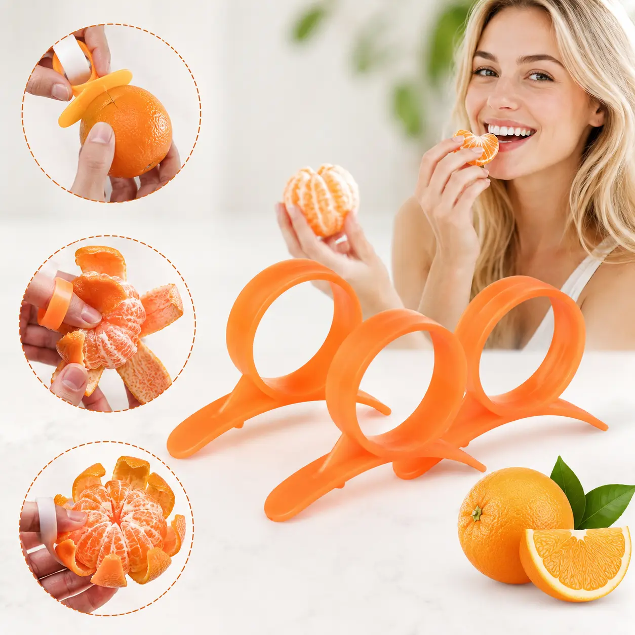 Plastic Orange Peeler Utensils - 3-Count Random Color, Small, Durable, Compact Dimensions, Hand Operated Finger Ring Peelers for Home Kitchen Citrus Fruit (Oranges, Tangerines), Hand Operated Peelers