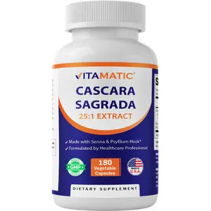 Vitamatic Cascara Sagrada 25:1 Extract 5000 mg / 180 Capsules - Made with Senna & Psyllium Husk - Dietary Supplement for Regularity