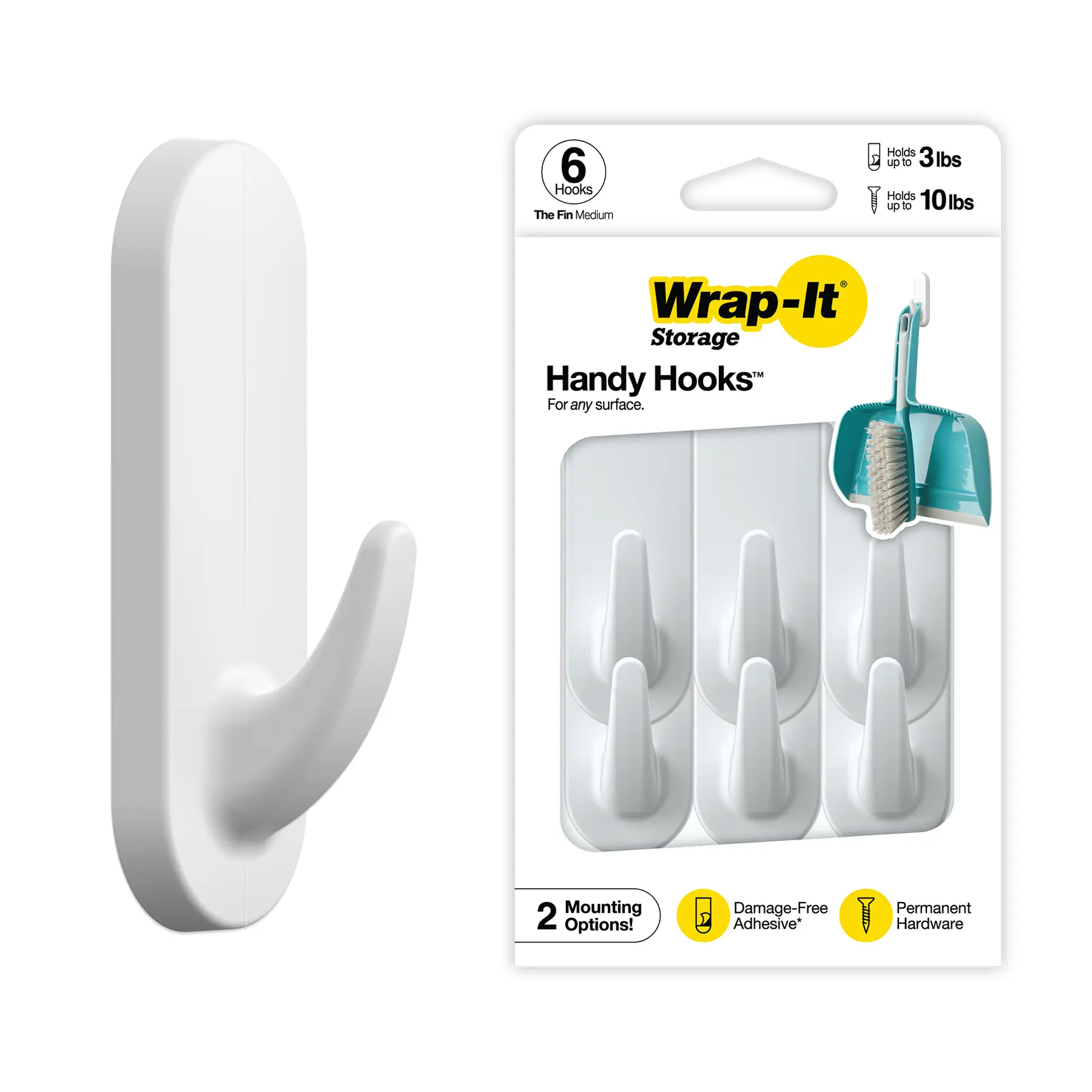 Wrap-It Storage Handy Hooks - The Fin Medium 6-Pack - Dual Option Wall Mount or Removable Adhesive Hooks Dorm Room Essentials and Towel Hooks for Wall or Wreath Hanger