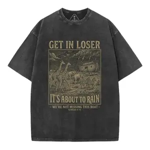 Vintage Acid Wash Get In Loser Noahs Ark Oversized T Shirt Christian Meme Humor Bible Genesis Graphic Tee Dark Grunge Wasteland Streetwear Hardcore Gym Pump Cover Powerlifting Y2K Distressed Heavyweight Cotton Aesthetic Men Women Top