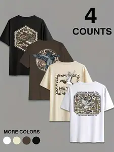 Men Women Duck Print Camo Head Short Sleeve Casual Outdoor Hunting Tee, Fitted Graphic Design, Daily Wear & Hunt Suitable