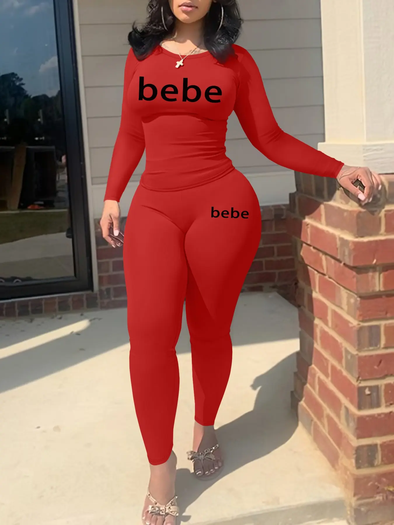 bebe Women's Casual Fitted Letter Print Two-Piece Outfit, Long Sleeve Crop Top & Pants, Fall Winter Fashion, Comfortable Daily Wear, Spring Aesthetic Clothes