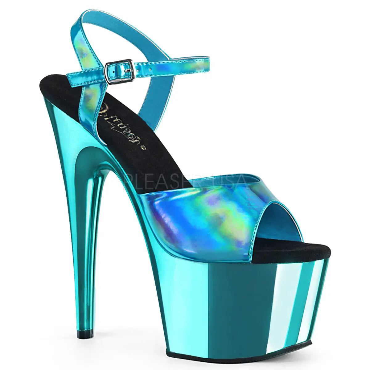 Platform Sandals for Women with Ankle Strap, Elegant Turquoise Hologram with 7-Inch High Heels and 2.75-Inch Chrome Plated Platform, Classy, Night Out, Open Toe, Footwear, Shoe, Heeled