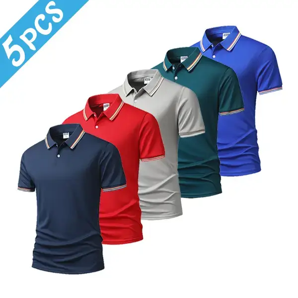 Men’s 5-Piece Stylish Casual Polo Shirt Set, Striped Turn-Down Collar, Short Sleeves, Exquisite Pattern, Quick-Dry, Skin-Friendly, Athletic Outdoor Golf Tops