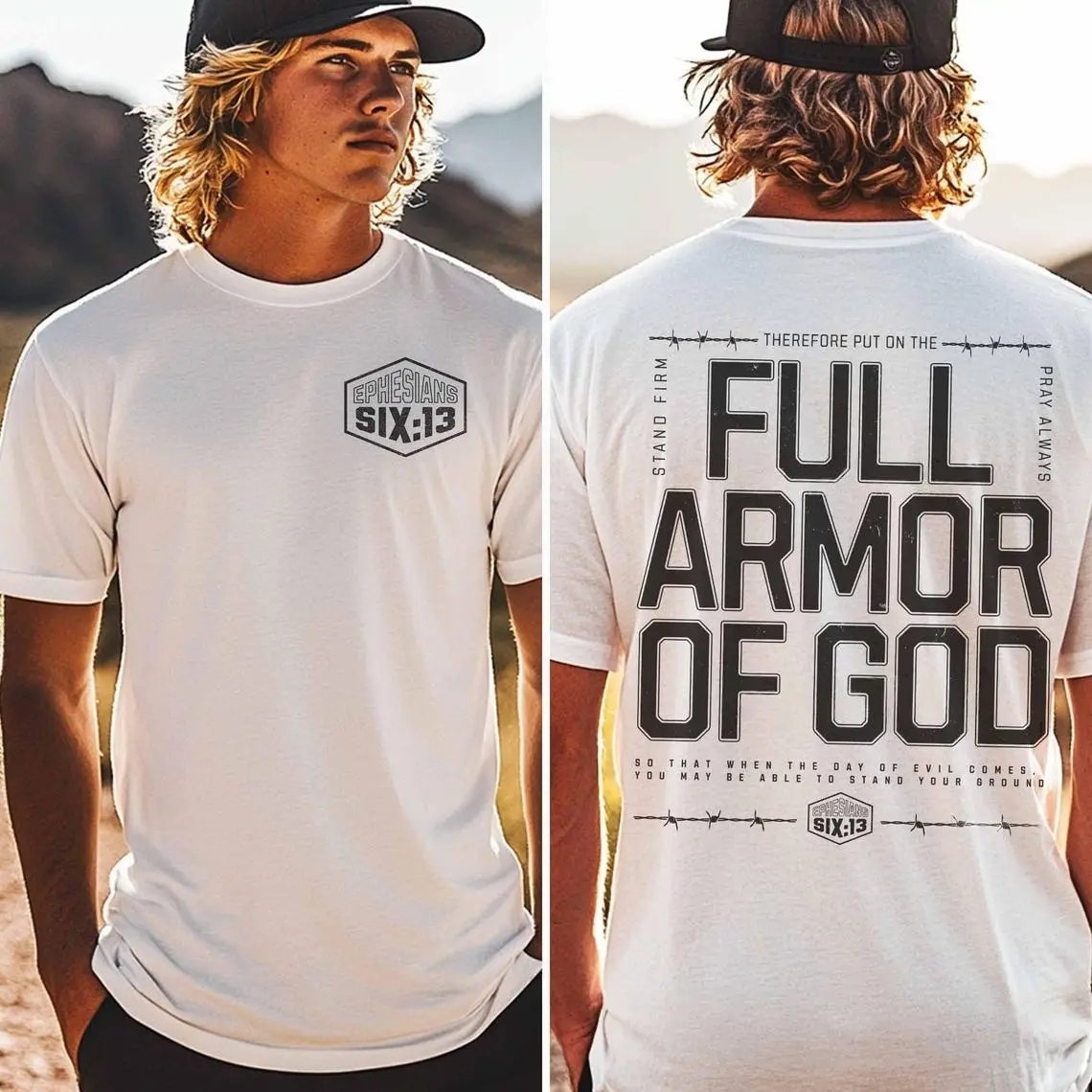 T - shirt with “Ephesians 6:13” Front Print and “Full Armor of God” Back Design, Short - sleeve Religious Apparel Tees Loose