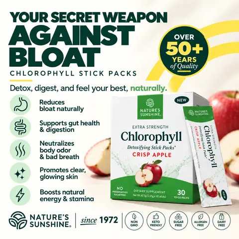 Nature's Sunshine Chlorophyll Stick Packs: Crisp Apple. Gut Health Hero- Detox, Reduce Bloat, Clear Skin, Support Digestion, Boost Energy Healthcare