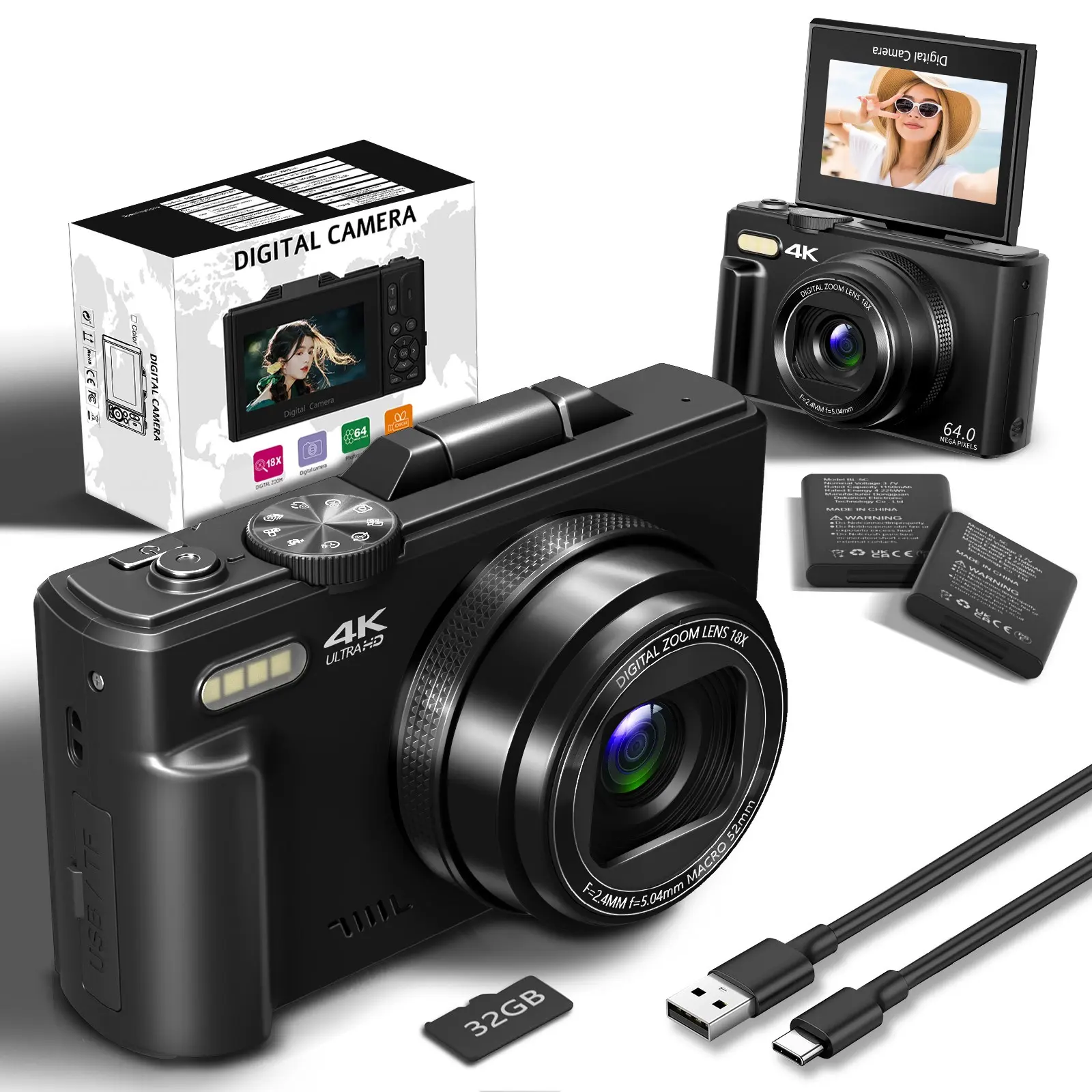 Digital Camera for Photography and Video, 4K Vlogging Camera for Beginner with 3" 180° Flip Screen, Auto-Focus 18X Digital Zoom Compact Retro Camera with 32GB Micro SD Card & 2 Batteries, Perfect Gifts for Halloween and Thanksgiving,summerwins,father'sday