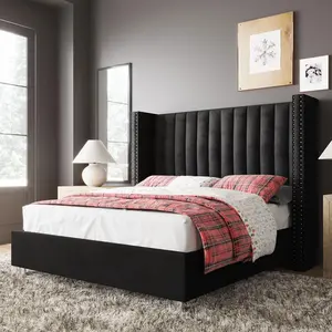 [Brandday][Memorialday] AMERLIFE Bed Frame Upholstered Bed Wingback Headborad Velvet Channel Tufted/No Box Spring Needed/Easy Assembled/Best Gift Ideas/Christmas Gifts