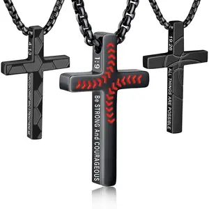 Soccer/Basketball/Baseball/ Bible Verse Cross Necklace for Boys Men 316L Stainless Steel Chain Pendant Religious Christian First Communion Confirmation Jewelry Graduation Christmas Gift