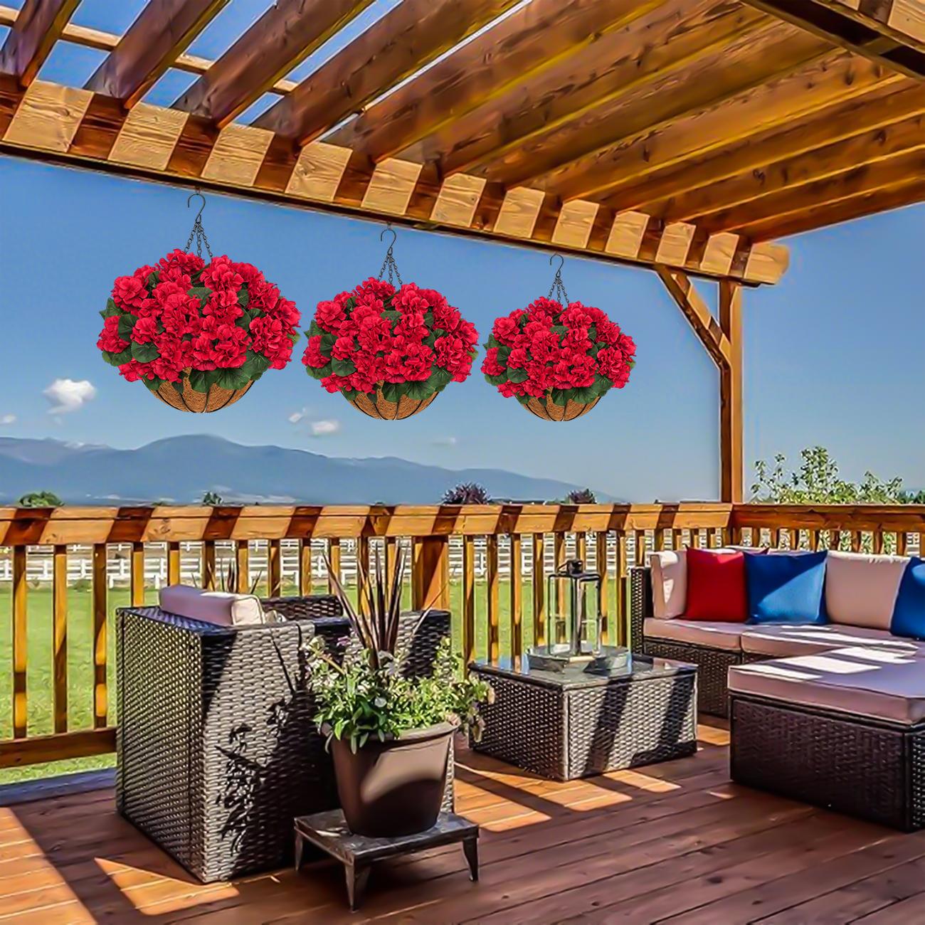 2pcs Artificial Geraniums with Hanging Baskets, 12 Bundles UV Resistant Artificial Outdoor Plants, Fake Red Flowers for Spring Front Porch Home Patio Balcony Yard Decor