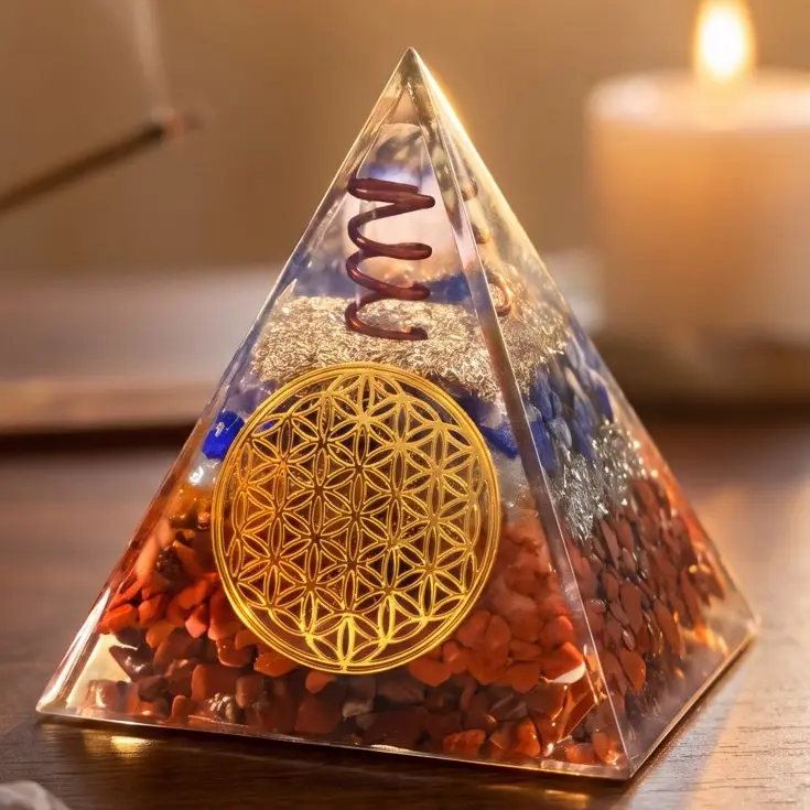 7 Chakra Orgone Pyramid with Golden Flower of Life Emblem for Energy Balance and Harmony Decoration Items Home Decore