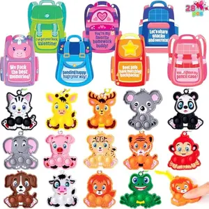 28 Packs Valentine's Day Cards with Animal Pop Bubble Keychain Toys, Mini Pop Squeeze Toys, Stress Anxiety Relief Fidget Toy with Cards for Kids Classroom Exchange, Game Prizes Party Favors
