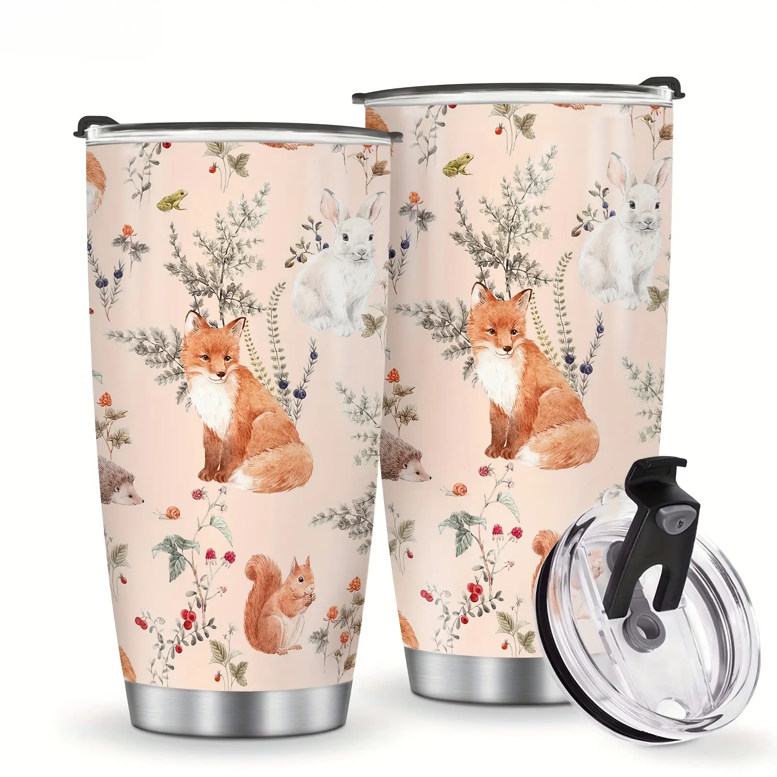 20oz (500-1,000 ml) Slim Shape Cute Fox Print Stainless Steel Tumbler - Leak-Proof Double Wall Insulated Coffee Cup with Lid for Adults, Portable Fit for Most Cup Holders, Camping Hiking, Office Commuting