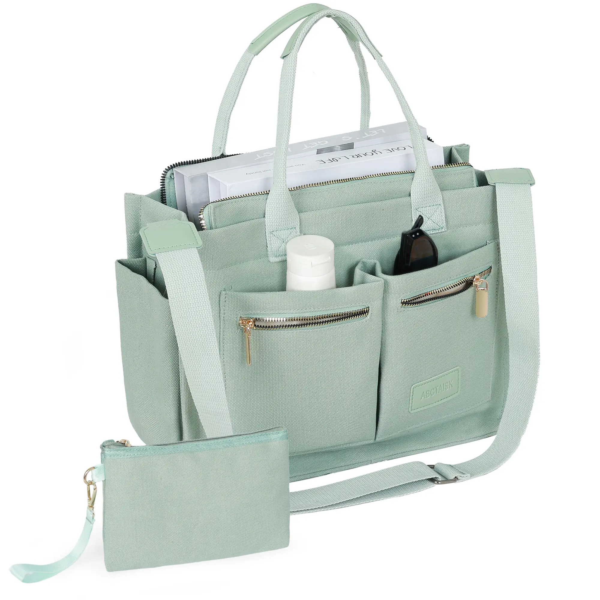 Women's Large Canvas Tote Bag Set with Zipper Pockets Oversized Shoulder Crossbody Work Travel Handbag Matching Small Pouch Secure Organized Versatile Use for 15" Laptop and Travel Essentials