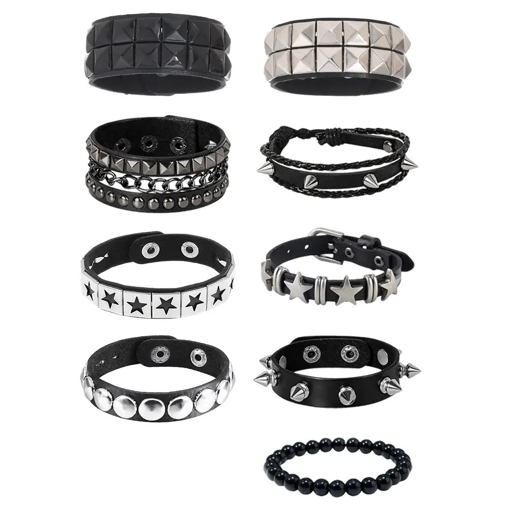 Punk Rock Leather Cuff Set 9-Pack Unisex Adjustable Studded Bracelets for Men Women, Goth Accessories with Spikes Stars Rivets Beads - Adjustable Snap Closure for Rock Concerts Festivals