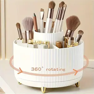 360° Rotating Makeup Organizer - 1pc Plastic Cosmetic Storage with 5 Compartments - Multi-Functional Holder for Brushes, Lipsticks, Skin Care Products, and Stationery - Durable Unscented Desk Caddy with Luxury Stripe Design