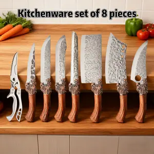 8-piece professional chef knife set, stainless steel hand forged bone cutting knife, meat cutting knife, bread knife, fish knife, multifunctional kitchen scissors, ultra sharp bone cutting duck and fish scissors Heavy Duty Spring Loaded Poultry Shears