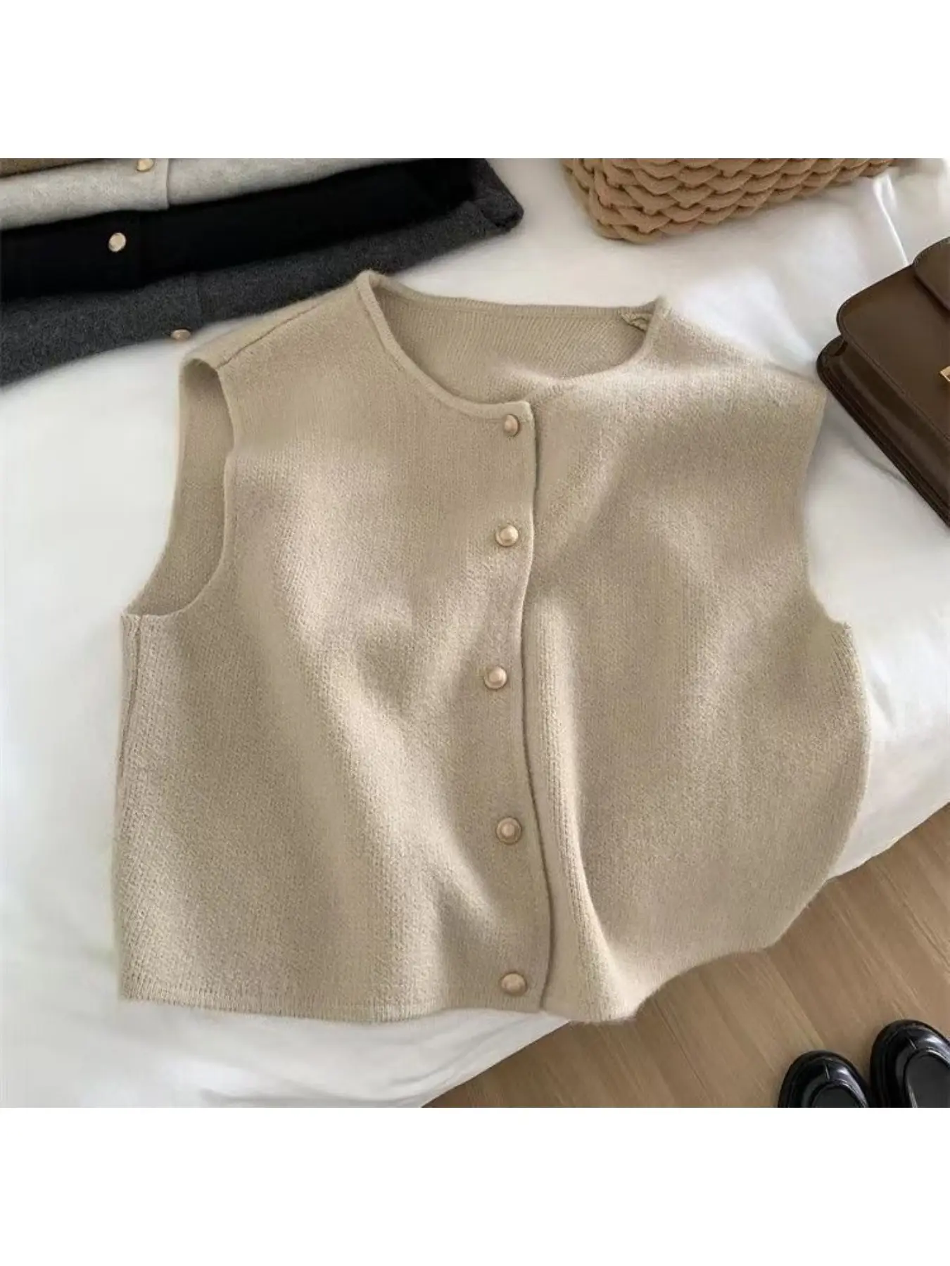 Women Sweater Vest Gold Button Up Waistcoat Soft Knitted Sleeveless Cardigan Jacket Top Fall Winter Korean Ladies Chic Outfit