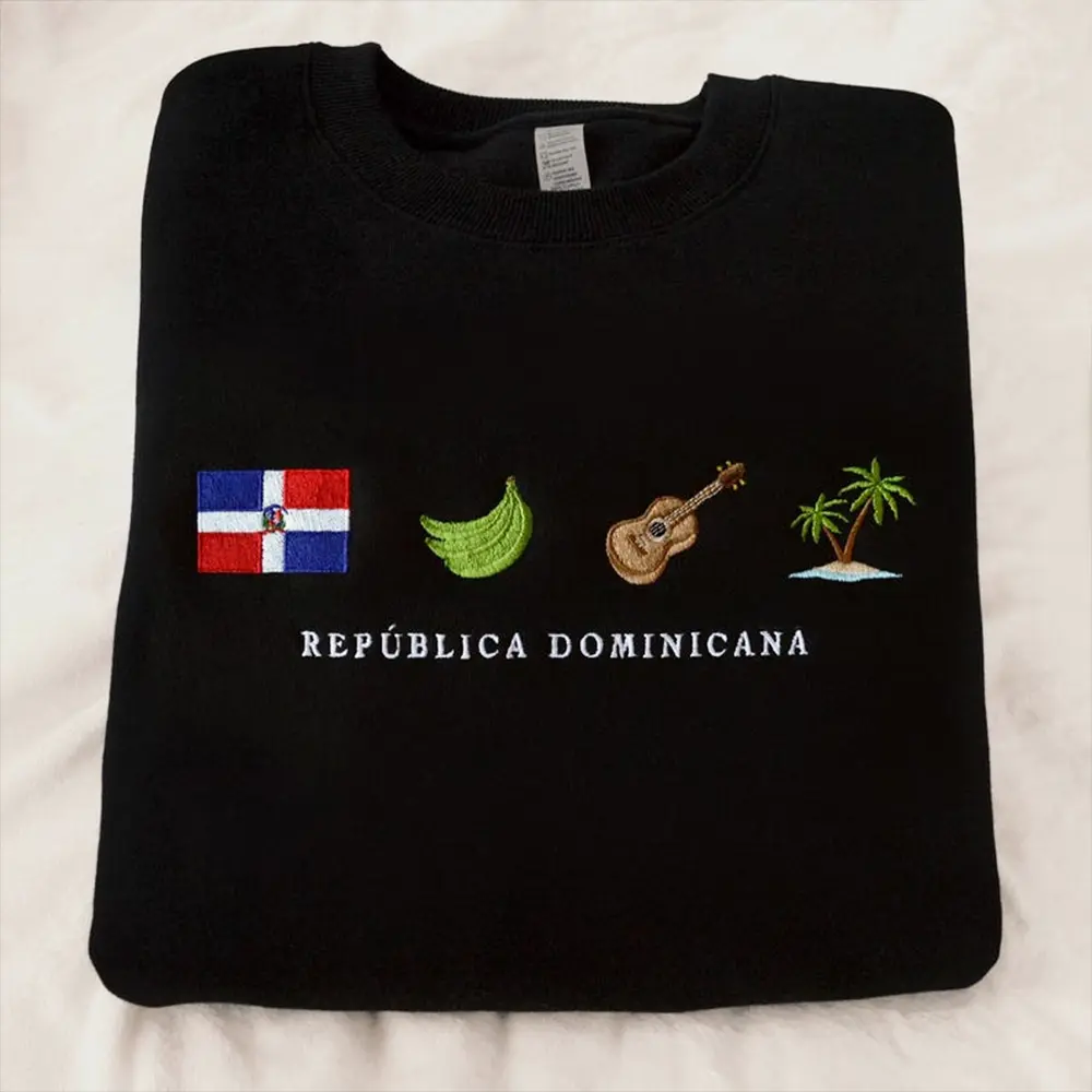 Dominican Republic Embroidered Sweatshirt – Unisex Black Crewneck with Platano, Bachata, Merengue & Island Icons, Cozy Caribbean Gift