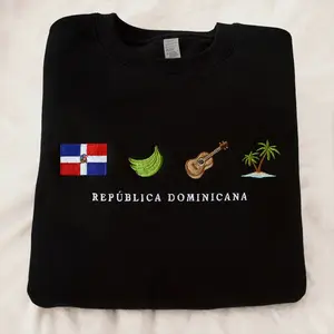 Dominican Republic Embroidered Sweatshirt – Unisex Black Crewneck with Platano, Bachata, Merengue & Island Icons, Cozy Caribbean Gift