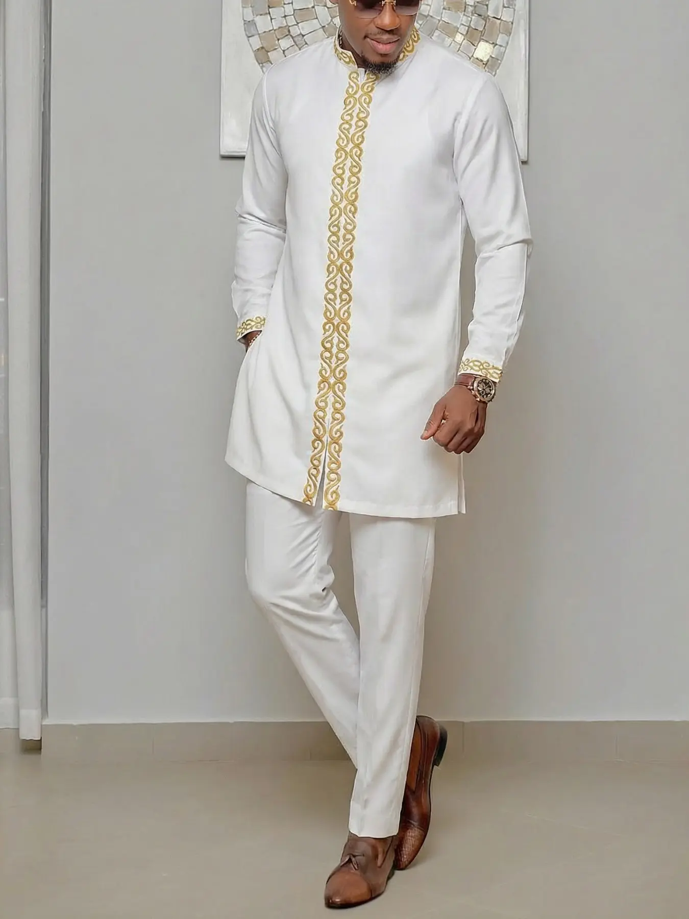 Muslim Men's 2-Piece Set African Boubou Kurta Long Sleeve Embroidered Ethnic Suit, Modesty Elegant Formal Wear for Festivals Weddings Parties Gifts, Classy All Season Top Clothing