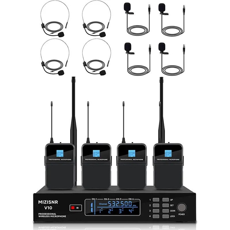 4-Channel UHF Wireless Lapel & Headset Microphone System with 4 Mics, Metal Receiver, 4x50 Locked Adjustable Frequencies, 300ft Range, Audio Autoscan, Noise Reduction, XLR Outputs for Church, Karaoke