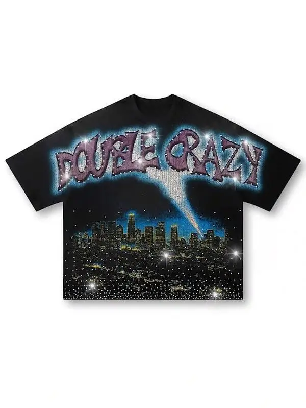 Y2K Streetwear Sparkle Graphic Tee Unisex Oversized Black Short Sleeve T-Shirt Premium Cotton Blend Heavyweight Glitter City Skyline Print Hip Hop Retro Casual Top Gift