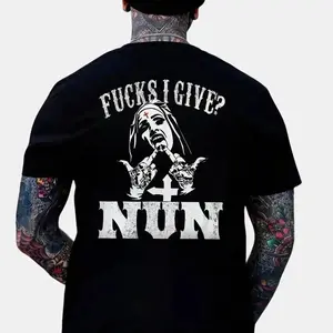 F@ck I Give Nun T-shirt Double Sided Unisex Classic Cotton Fabric Black Sleeve Graphic Tee Menswear Oversized Pocket Sport Streetwear Fathers Day Gift - Fathersdaygift