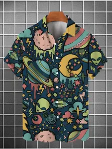 Short Sleeve - Men's Hawaiian Style - Planet Alien Print Shirt - Summer Fashion - Breathable Polyester Fabric