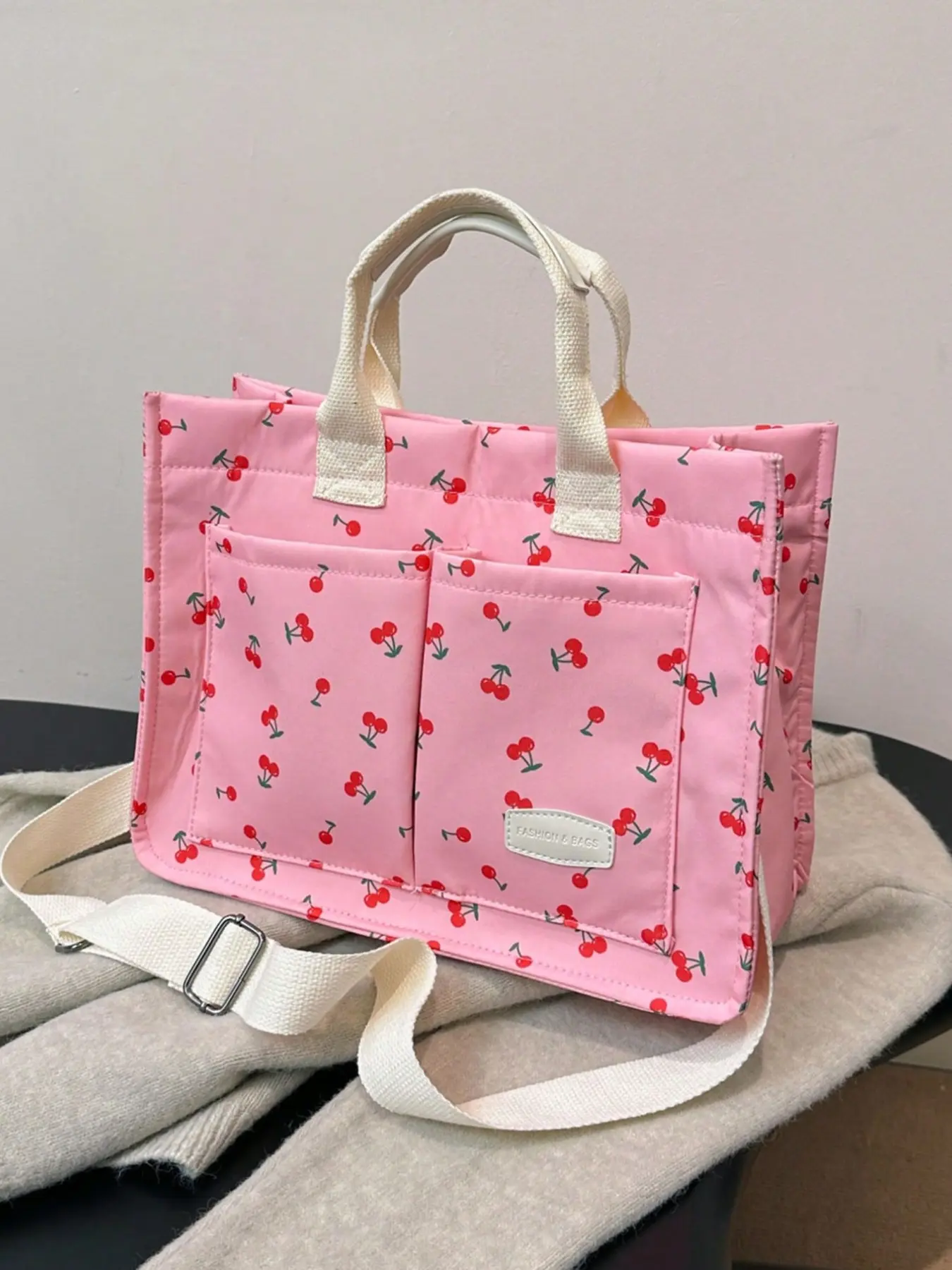 Classic style multifunctional personalized pattern women's handbag, multi pocket shoulder bag, lightweight casual handbag, women's single shoulder crossbody bag, suitable for commuting to work, attending classes and school, Cherry Print Handbag