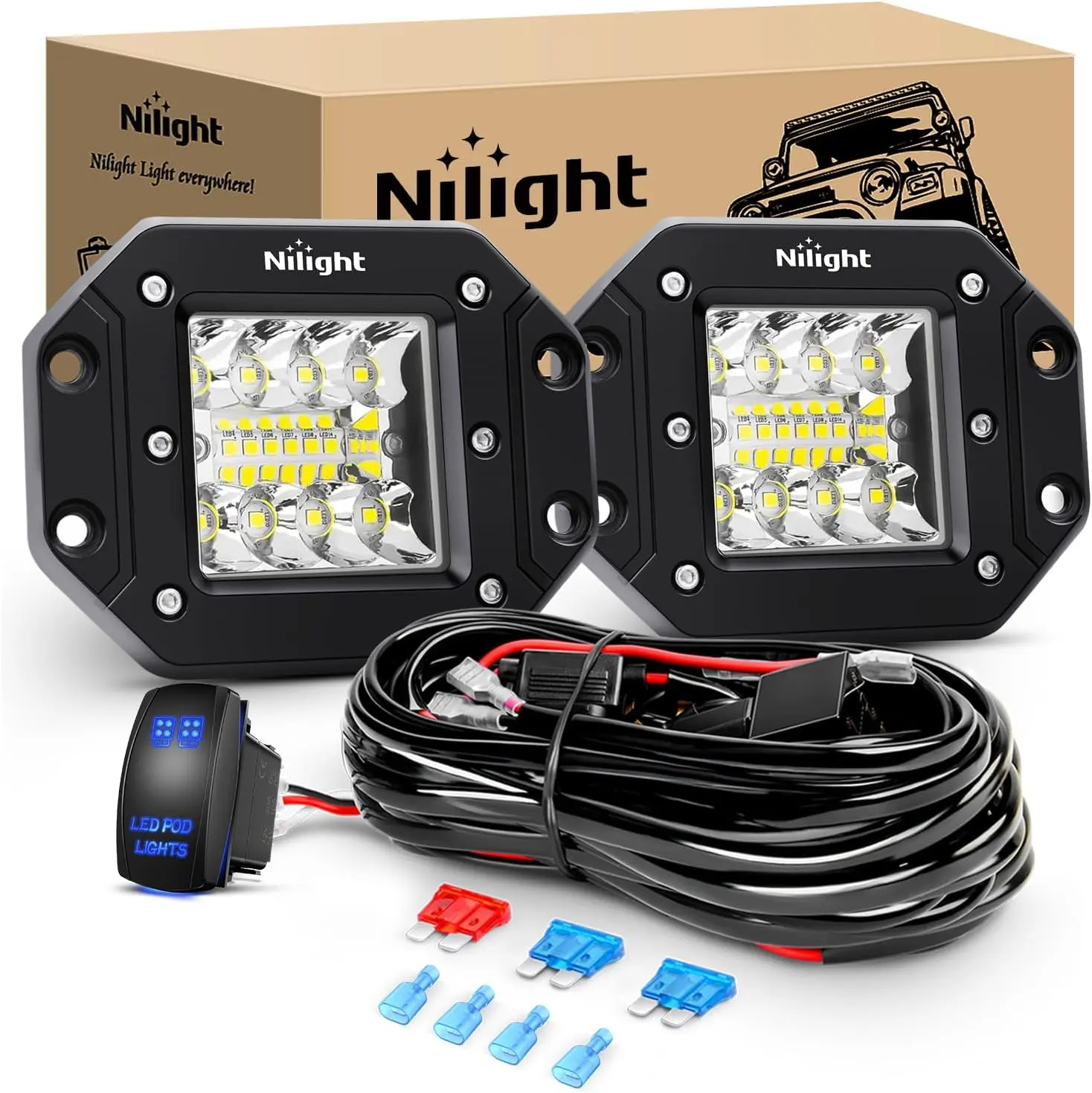 Nilight 2PCS 42W LED Flush Mount Light Pods Upgraded Spot Flood Combo Beam 12V 5Pin Rocker Switch Wiring Harness Kit-2 Leads Super Bright light pod offroad  lights offroad fog rocker switch light bar Triple Row  dealsforyoudays, Led Work Light, 42W Power