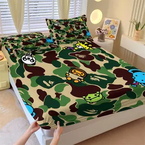 Military Green Camouflage Cartoon Breathable Fitted Sheet Set, 1 Fitted Sheet + 2 Pillowcases No Core, Streetwear & Playful Element Mattress Protector, Anti-Wrinkle Slip-Resistant, Trendy Cool Boys' Bedroom Decor