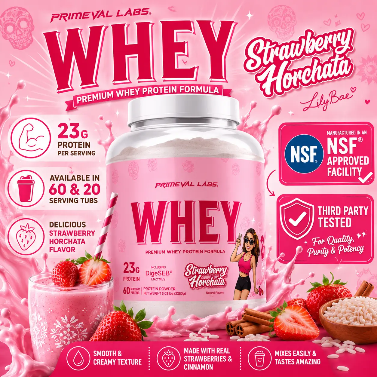 Primeval Labs Whey Protein Gourmet Flavors - Strawberry Horchata - Official Lily Bae Collaboration - Protein 23g Per Serving, Authentic Latino Flavors