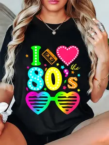 100% Cotton Unisex Groovy I Love the 80's I Heart The 80s 90's Party Birthday Round Neck Short Sleeve T-Shirt Women's Men Graphic Tee