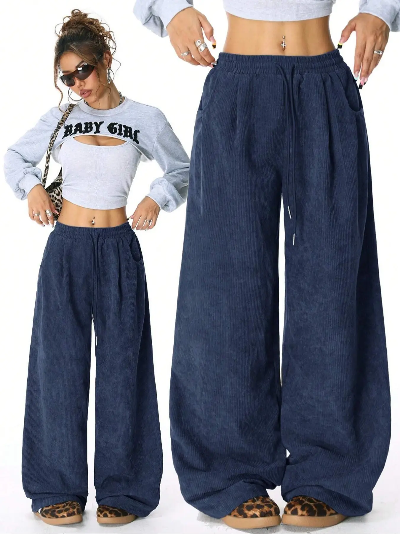 Women's Casual Basic Corduroy Fitted Straight Leg Trouser Pants with Pockets, Womenswear Low Waist Adjustable Drawstring Design, Perfect for All Seasons Daily Wear Bottom, Everyday, Casual Trousers