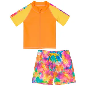 Boys Short Sleeve Zipper Rash Guard and Swim Trunk Set | "Impressions"