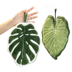 Coral Fleece Hanging Hand Towels 2 Pack Monstera Plant Design Soft Non Shedding Super Absorbent Quick Dry Towels with Hanging Loop for Kitchen Bathroom Living Room Oven Handle Home Decoration